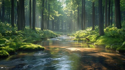 Obraz premium Sunlit Forest Stream: A Serene Escape into Nature's Embrace