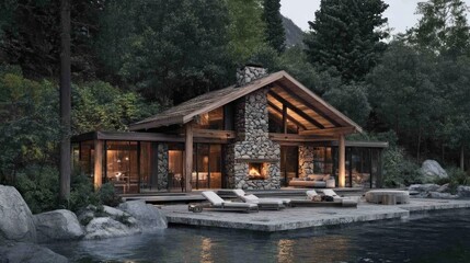 Fototapeta premium Luxury Mountain Cabin Retreat with Infinity Pool