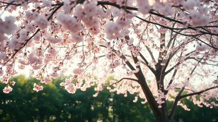 Obraz premium A delicate display of pastel pink blossoms on a tree branch, sunlight illuminating the delicate petals and creating a soft, ethereal glow.