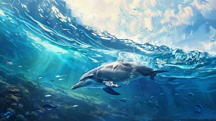 Fototapeta premium Playful dolphins swimming in vibrant ocean waters 