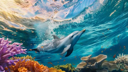 Obraz premium Playful dolphins swimming in vibrant ocean waters 