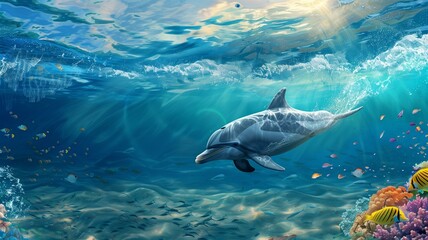 Fototapeta premium Playful dolphins swimming in vibrant ocean waters 