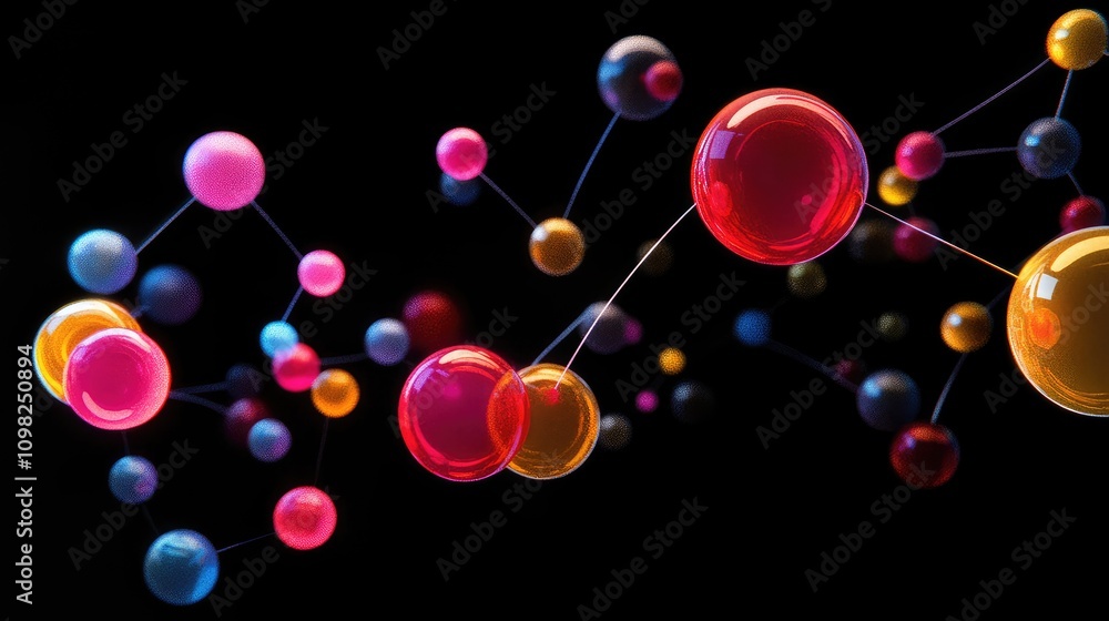 Poster floating spheres representing data molecules, interlinked by thin neon lines against a black backdro