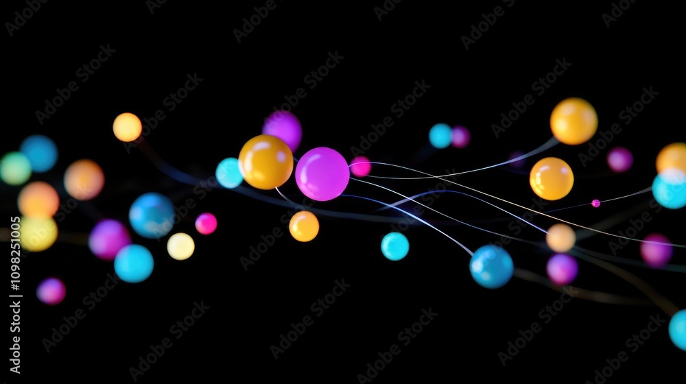 Poster floating spheres representing data molecules, interlinked by thin neon lines against a black backdro