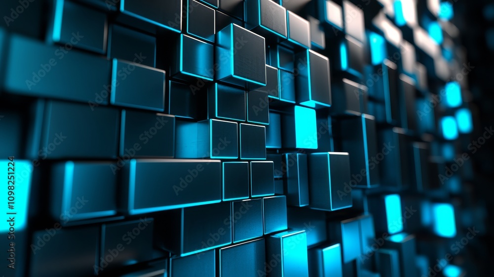 Poster a digital pattern of blue and black blocks creates a 3d effect, showcasing depth and modern design e