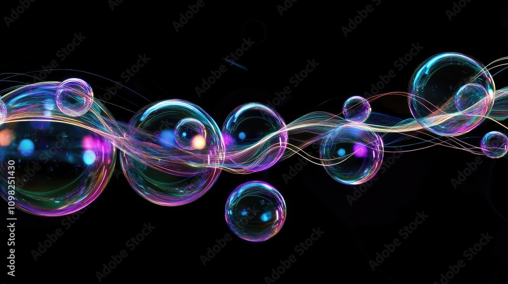 Poster floating spheres representing data molecules, interlinked by thin neon lines against a black backdro