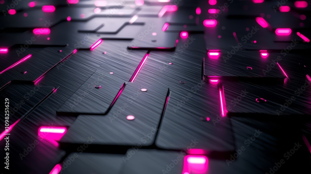 Poster a close-up view of a textured surface featuring glowing pink lines, creating a modern, digital aesth
