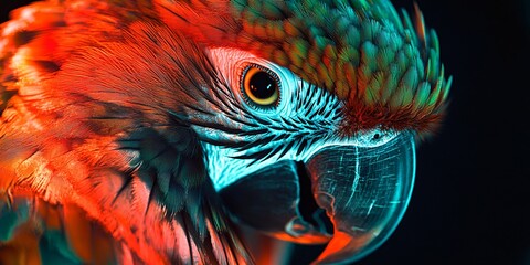 Fototapeta premium Vibrant Close-Up Portrait of a Neon-Lit Parrot with Colorful Feathers in Studio Environment