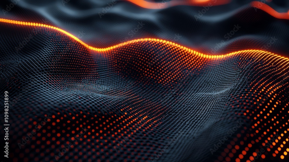 Poster a captivating digital landscape with flowing waves and glowing orange lines against a dark backgroun