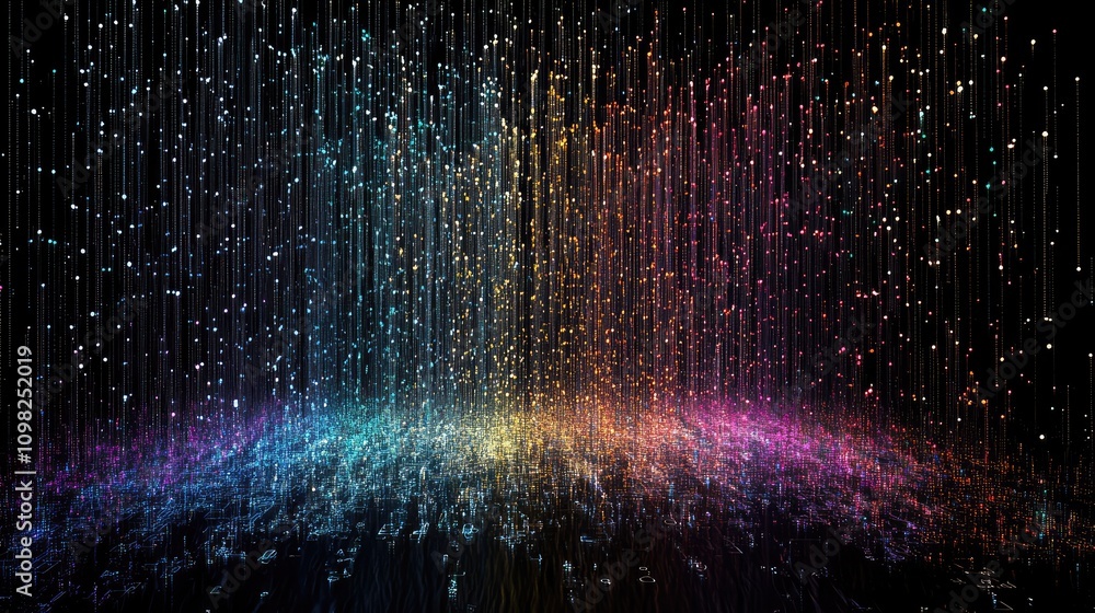 Aufkleber flowing lines of data cascading in layers, giving a 3d rain illusion against a deep black backdrop
