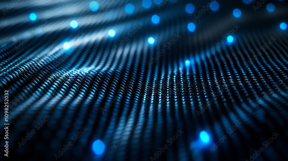 Poster a close-up view of a wavy surface illuminated by glowing blue dots, creating a dynamic, futuristic d