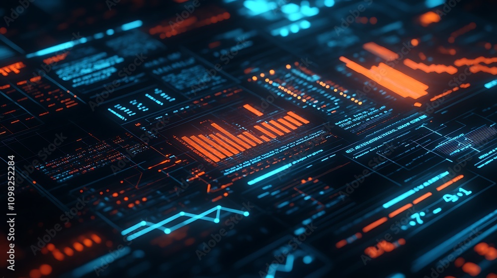 Poster a digital interface displaying data visualizations and analytics in vibrant colors.