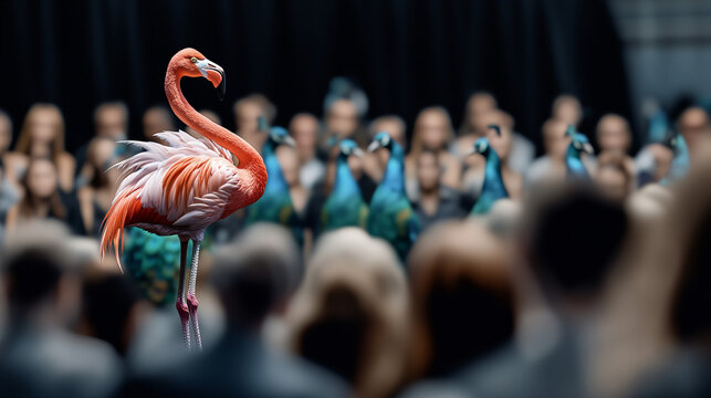 Flamingo in a pink tutu gracefully performs in front of an audience of peacocks and spectators during a lively event