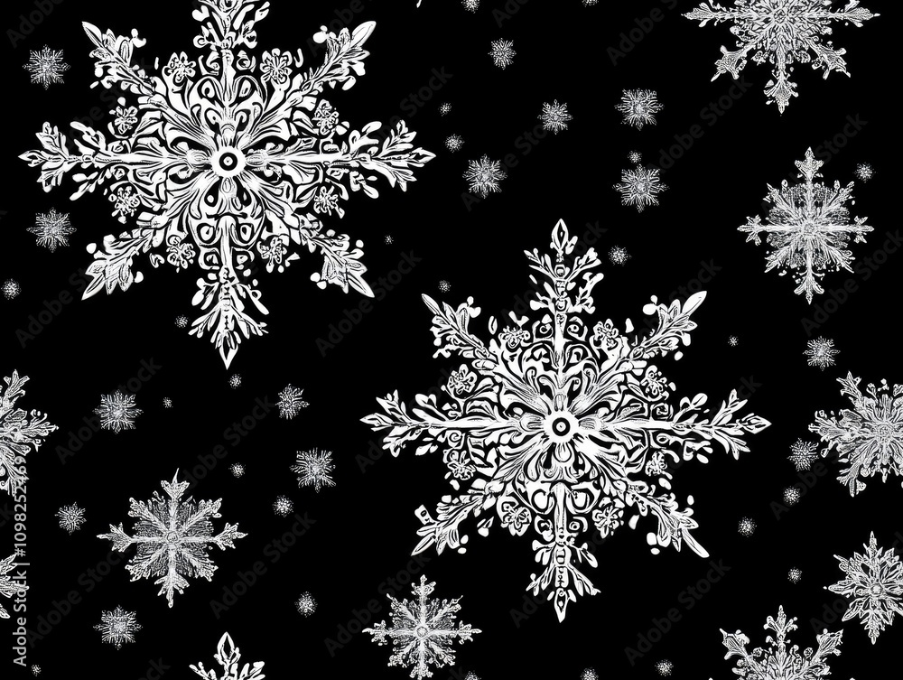 Poster this stunning winter seamless pattern showcases an array of beautifully detailed snowflakes in vario
