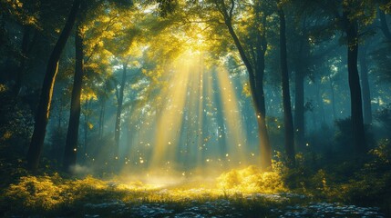 Obraz premium Enchanted Forest: Sunbeams Dance Through Mystical Woods
