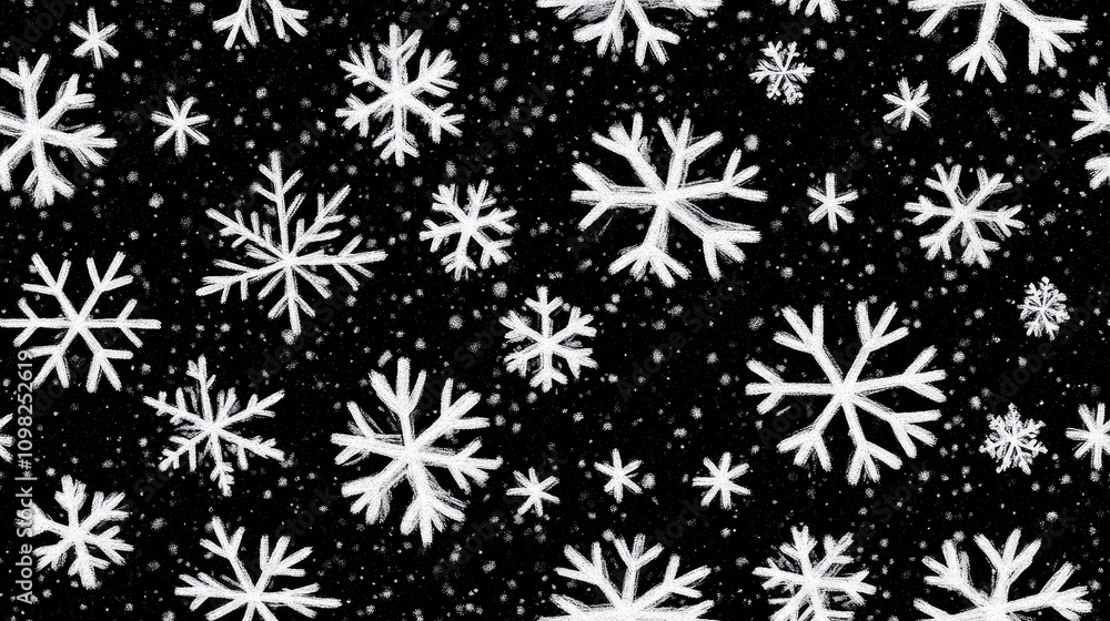Poster delicate snowflakes cascade gracefully in this enchanting winter seamless pattern, showcasing a vari