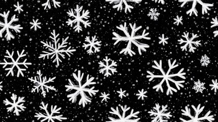 Delicate snowflakes cascade gracefully in this enchanting winter seamless pattern, showcasing a variety of shapes on a contrasting dark backdrop, evoking a serene and festive atmosphere