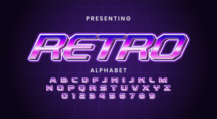 Retro Futuristic 80s font style. Vector alphabet with chrome effect template for game title, poster, disco nightlife and neon pink glow light editable text effect.headline, old style
