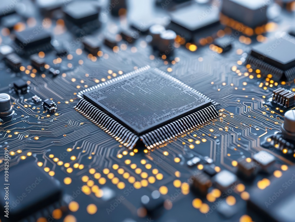 Poster a close-up view of a microchip on a circuit board, showcasing intricate connections and electronic c