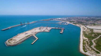 Fototapeta premium Aerial view of a busy port with cranes and ships, showcasing maritime industry and infrastructure.