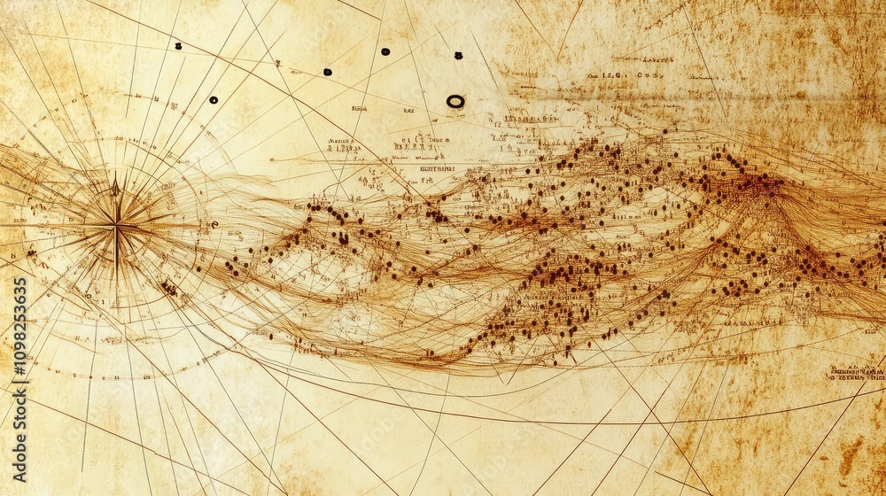 Poster flowing lines of data overlaying a vintage nautical map, merging classic exploration themes with mod
