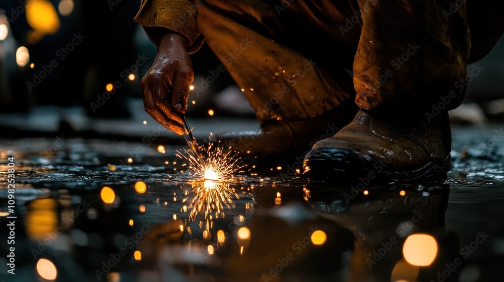 Poster a worker ignites a spark in a puddle, creating a mesmerizing display of light.