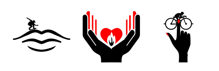 A cyclist, skateboarder, hands with a burning heart. Set of illustrations on the theme of love and romance.