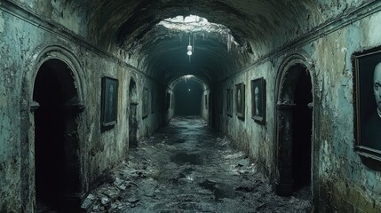 Fototapeta premium Eerie Abandoned Corridor: A Haunting Glimpse into Decay