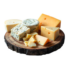 Cheese dices and slices of different types, including cheddar and gouda, artistically displayed on a rustic wooden plate, contrasting on transparent background.
