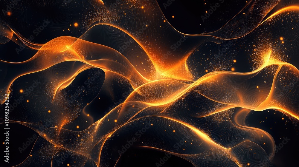 Poster flowing molecular design with glowing nodes, softly linked by semi-transparent lines on a dark backg
