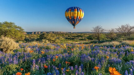 Fototapeta premium Hot Air Balloon Soaring Over Vibrant Wildflower Meadow