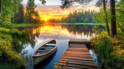 Obraz premium Canoe on Serene Lake at Sunset