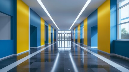 Fototapeta premium Bright and airy school corridor showcasing modern design with blue and yellow accents