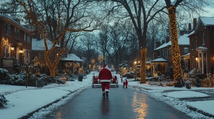 Naklejka premium Santa's Christmas Eve Stroll: A Magical Winter Night in a Festive Neighborhood