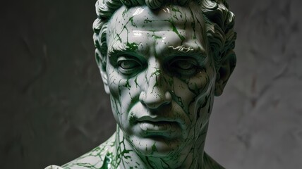 Fototapeta premium Close-up of a weathered, green-stained bust sculpture of a man's head and shoulders, set against a textured backdrop.