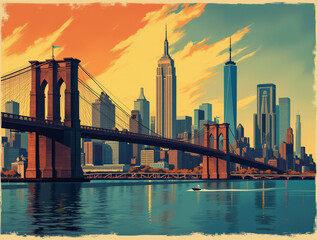 Art Deco Travel Poster of Iconic New York City Skyline, Empire State Building, and Brooklyn Bridge - Perfect for Vintage Decor Enthusiasts