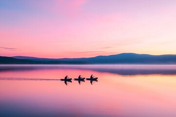 Three kayakers silhouetted against stunning pink sunset sky on tranquil mountain lake. Peaceful outdoor adventure scene with dramatic colors. Beautiful nature landscape for travel and sport