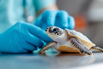 Green sea turtle hatchling in veterinary care with medical gloves. Marine wildlife rescue and rehabilitation. Conservation and protection of endangered species in ocean sanctuary