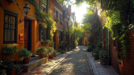 Fototapeta premium Sunlit Cobblestone Alley: A Charming Cityscape