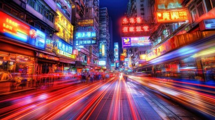Obraz premium Vibrant Hong Kong Nightscape: A Symphony of Light and Motion