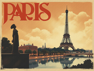 Stunning Art Deco Travel Poster of Paris Featuring the Eiffel Tower, Seine River, and Iconic French Landmarks for Romance and Vintage Charm