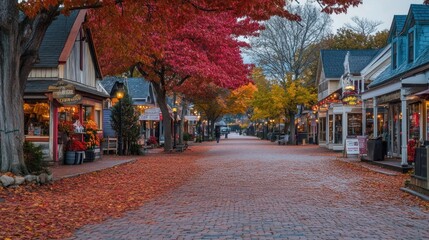 Fototapeta premium Autumnal Charm: Brick-paved Street in a Picturesque Village