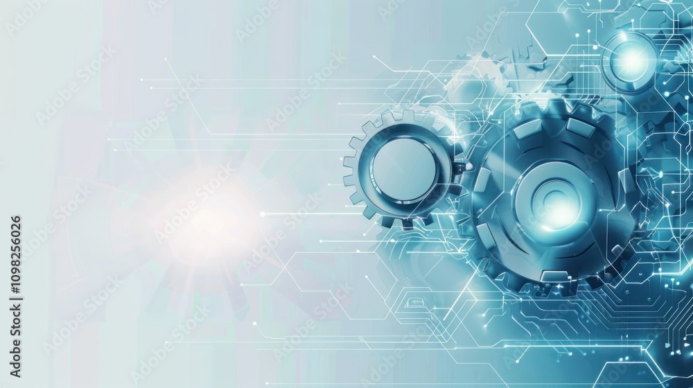 Poster abstract image featuring gears and digital elements, symbolizing technology and innovation.