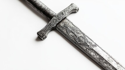 A beautifully crafted ornate sword rests on a pure white background. Its intricate design showcases artistry and history. A stunning addition to any collection. Generative AI