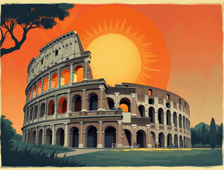 Vintage Art Deco Poster of the Colosseum in Rome at Sunset