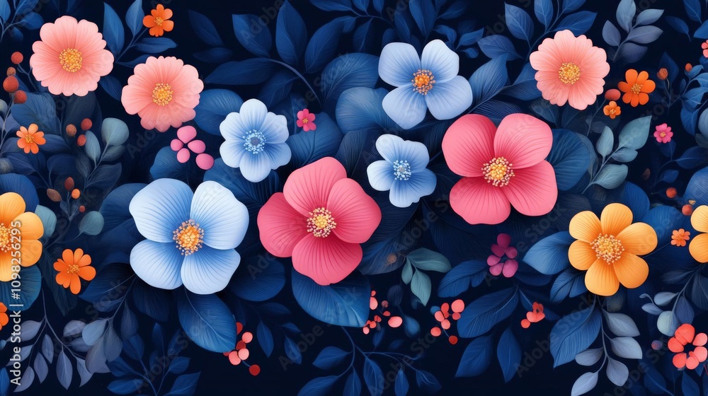 Poster a vibrant floral pattern featuring an array of colorful flowers against a dark backdrop, perfect for