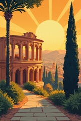 Vintage Art Deco Poster of the Colosseum in Rome at Sunset