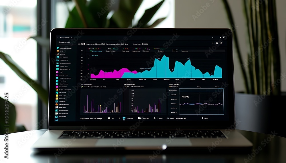 Poster a laptop displaying data visualizations and analytics graphs in a modern workspace.