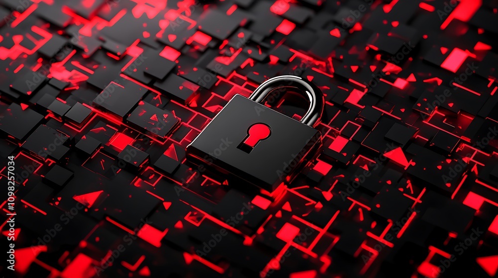 Poster a digital padlock on a red and black abstract background symbolizes security and protection.