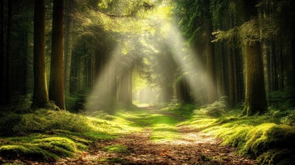 Obraz premium Sunbeams Illuminating a Mystical Forest Path